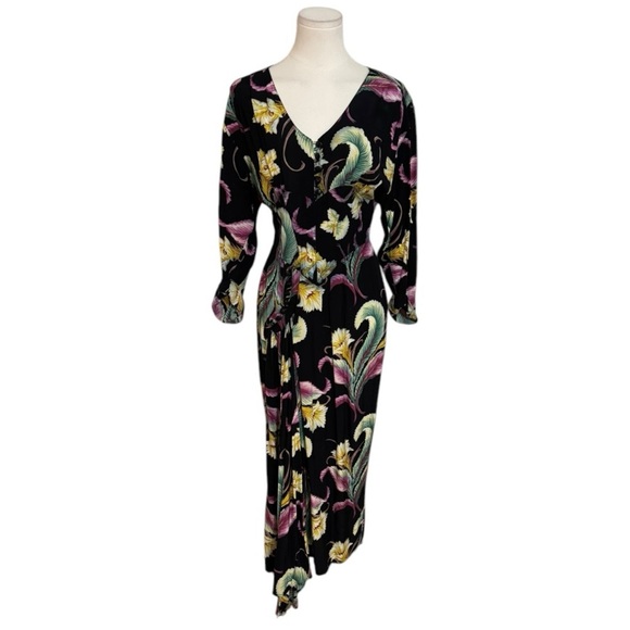 KAREN ALEXANDER Vintage 80’s Black Brocade Tropical Dress Size 6 Floral Party - Picture 12 of 14